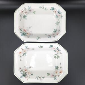 Adams China Azalea Oval Vegetable Bowls White Green Floral Set of 2 VTG FLAW
